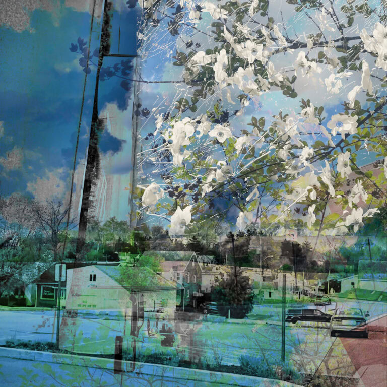 Familiar Fragments layered fine art photography by Brenda Welty with blossoms, reflections, architecture, and suburban landscape